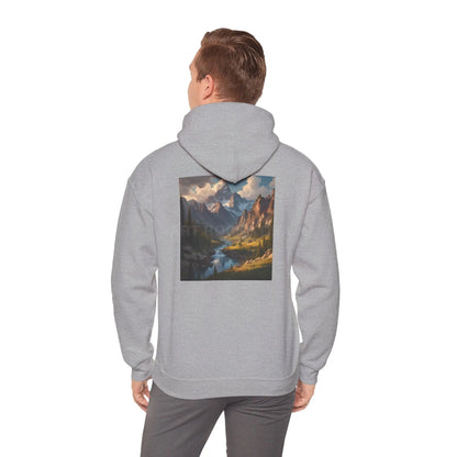 Mountain and River Hooded Sweatshirt – Cozy Unisex Hoodie Ideal for Artists Nature Lovers Art Events Holiday Gifting