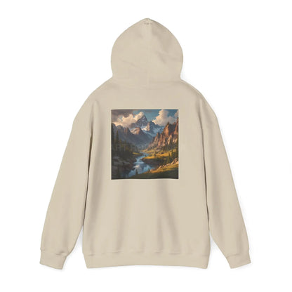 Mountain and River Hooded Sweatshirt – Cozy Unisex Hoodie Ideal for Artists Nature Lovers Art Events Holiday Gifting