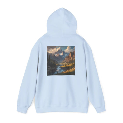 Mountain and River Hooded Sweatshirt – Cozy Unisex Hoodie Ideal for Artists Nature Lovers Art Events Holiday Gifting