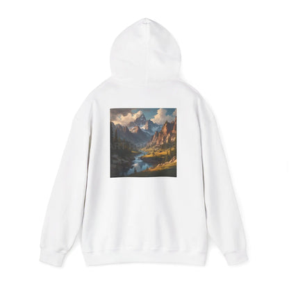 Mountain and River Hooded Sweatshirt – Cozy Unisex Hoodie Ideal for Artists Nature Lovers Art Events Holiday Gifting