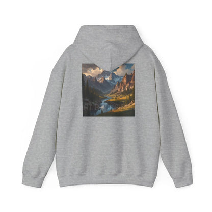 Mountain and River Hooded Sweatshirt – Cozy Unisex Hoodie Ideal for Artists Nature Lovers Art Events Holiday Gifting