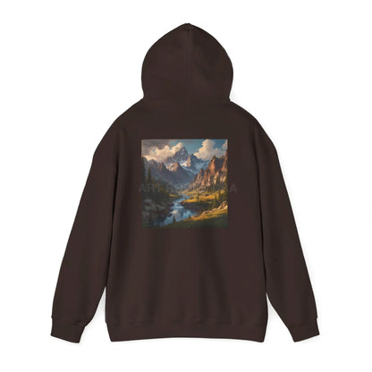 Mountain and River Hooded Sweatshirt – Cozy Unisex Hoodie Ideal for Artists Nature Lovers Art Events Holiday Gifting