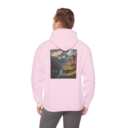 Mountain and River Hooded Sweatshirt – Cozy Unisex Hoodie Ideal for Artists Nature Lovers Art Events Holiday Gifting