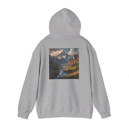 Mountain and River Hooded Sweatshirt – Cozy Unisex Hoodie Ideal for Artists Nature Lovers Art Events Holiday Gifting