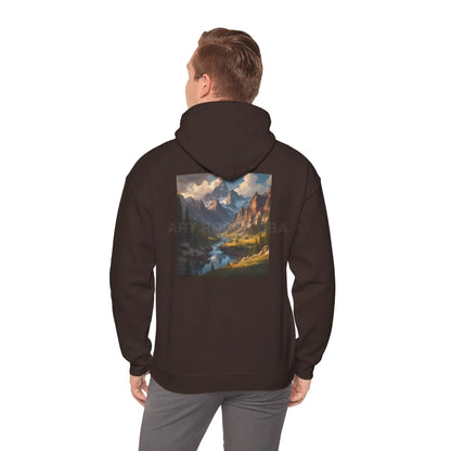 Mountain and River Hooded Sweatshirt – Cozy Unisex Hoodie Ideal for Artists Nature Lovers Art Events Holiday Gifting