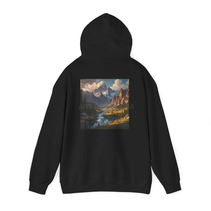 Mountain and River Hooded Sweatshirt – Cozy Unisex Hoodie Ideal for Artists Nature Lovers Art Events Holiday Gifting