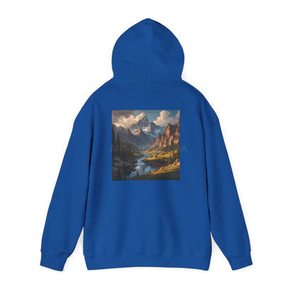Mountain and River Hooded Sweatshirt – Cozy Unisex Hoodie Ideal for Artists Nature Lovers Art Events Holiday Gifting