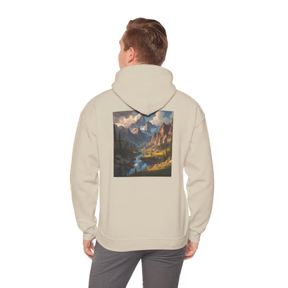 Mountain and River Hooded Sweatshirt – Cozy Unisex Hoodie Ideal for Artists Nature Lovers Art Events Holiday Gifting