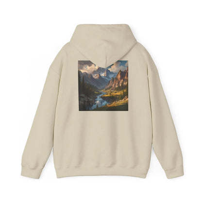 Mountain and River Hooded Sweatshirt – Cozy Unisex Hoodie Ideal for Artists Nature Lovers Art Events Holiday Gifting
