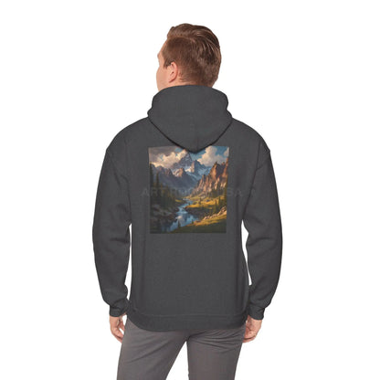 Mountain and River Hooded Sweatshirt – Cozy Unisex Hoodie Ideal for Artists Nature Lovers Art Events Holiday Gifting