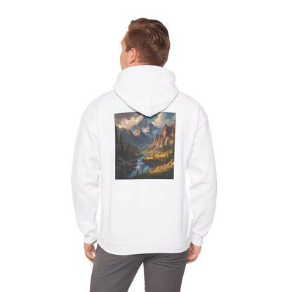 Mountain and River Hooded Sweatshirt – Cozy Unisex Hoodie Ideal for Artists Nature Lovers Art Events Holiday Gifting