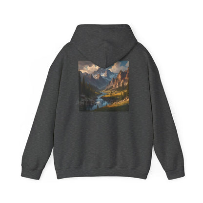 Mountain and River Hooded Sweatshirt – Cozy Unisex Hoodie Ideal for Artists Nature Lovers Art Events Holiday Gifting