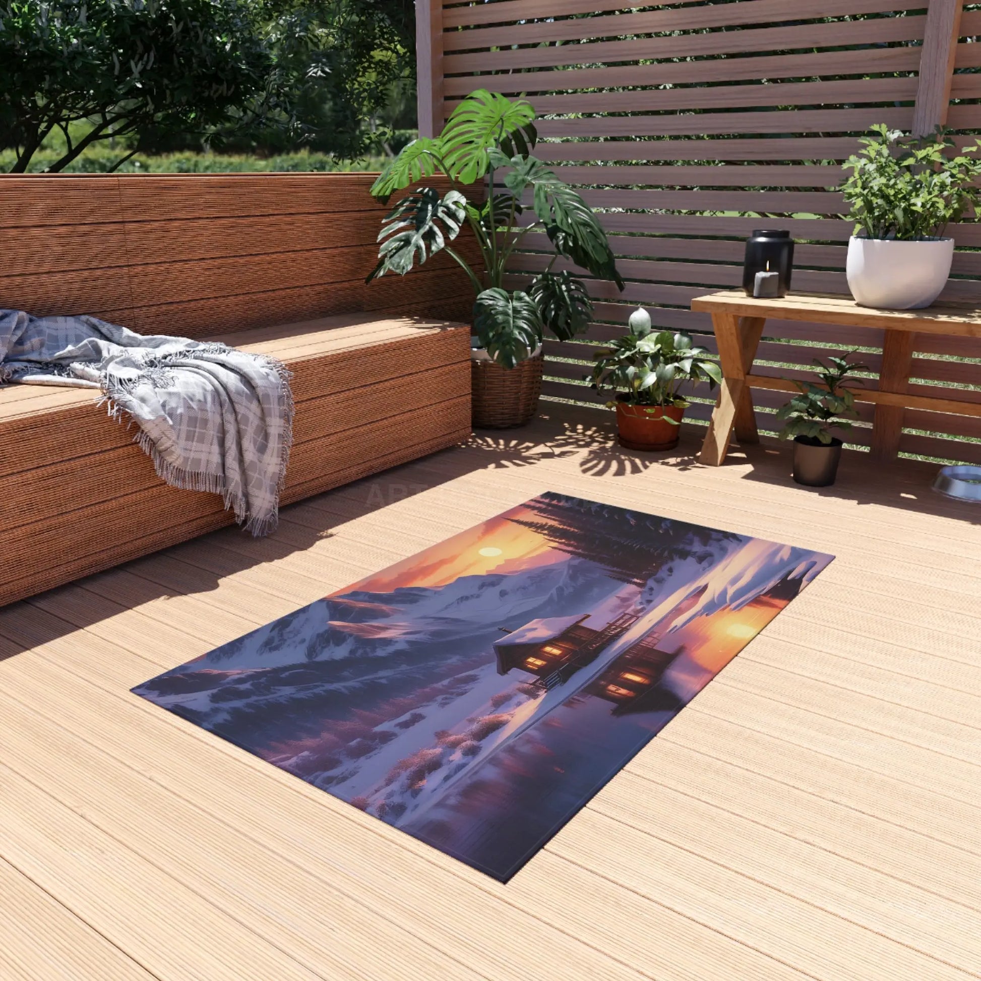 Mountain Cabin Sunset Outdoor Rug Cozy Patio Mat Nature Lover Gift Garden Decorative Floor Mat Cabin Decor Camping