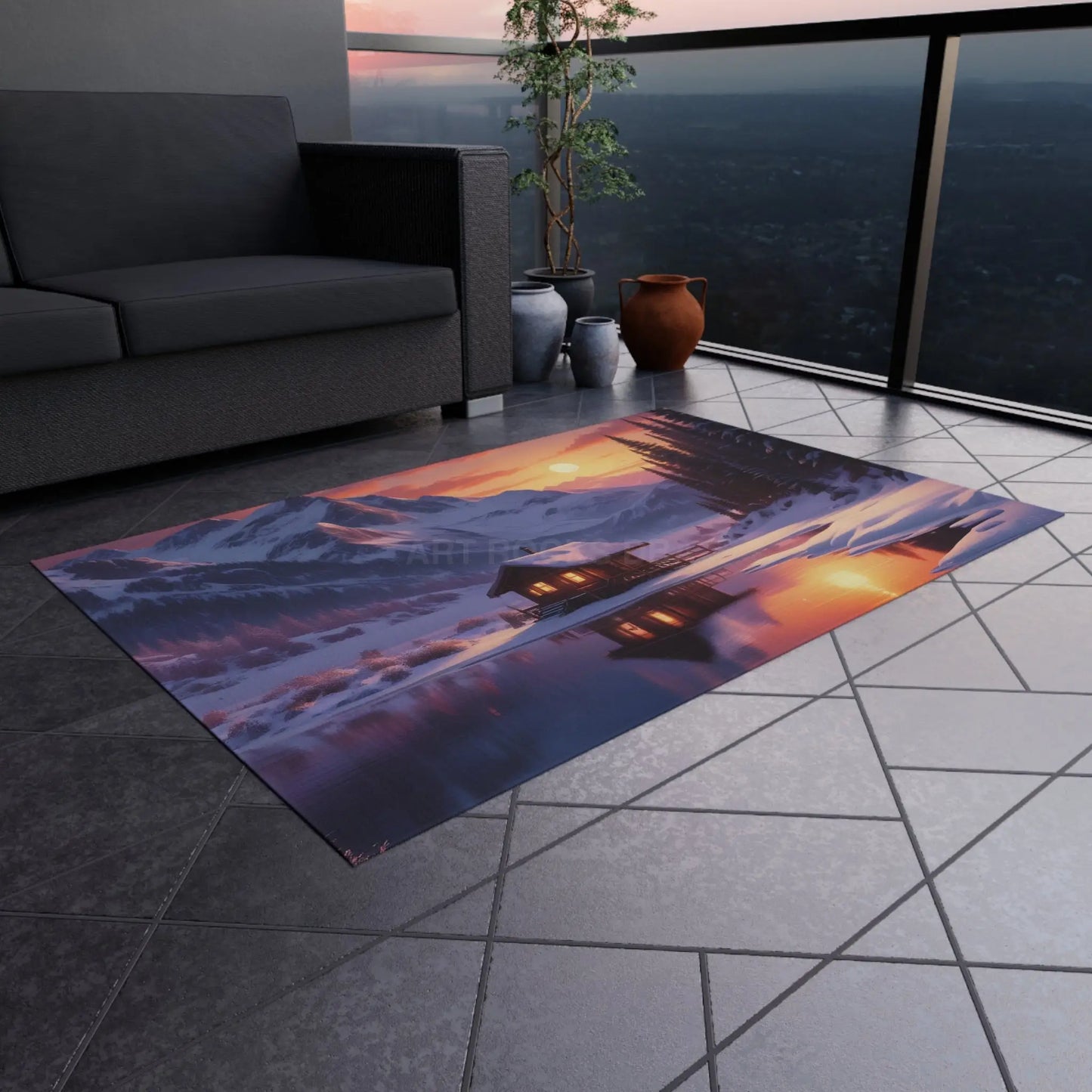 Mountain Cabin Sunset Outdoor Rug Cozy Patio Mat Nature Lover Gift Garden Decorative Floor Mat Cabin Decor Camping