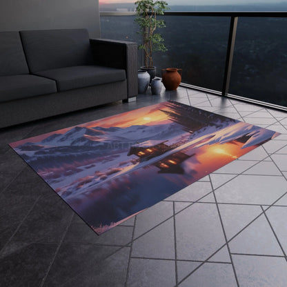 Mountain Cabin Sunset Outdoor Rug Cozy Patio Mat Nature Lover Gift Garden Decorative Floor Mat Cabin Decor Camping