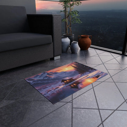 Mountain Cabin Sunset Outdoor Rug Cozy Patio Mat Nature Lover Gift Garden Decorative Floor Mat Cabin Decor Camping