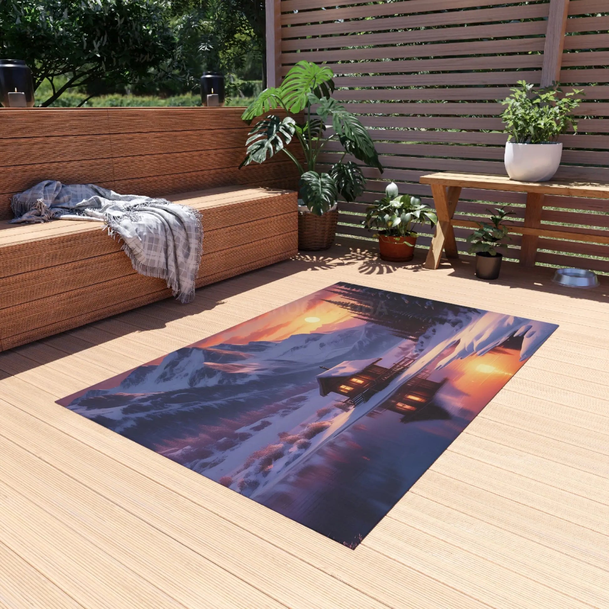 Mountain Cabin Sunset Outdoor Rug Cozy Patio Mat Nature Lover Gift Garden Decorative Floor Mat Cabin Decor Camping