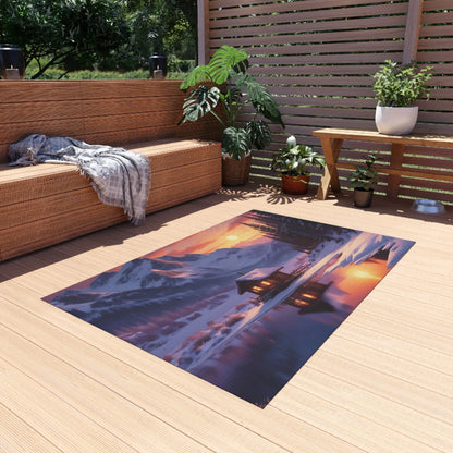 Mountain Cabin Sunset Outdoor Rug Cozy Patio Mat Nature Lover Gift Garden Decorative Floor Mat Cabin Decor Camping