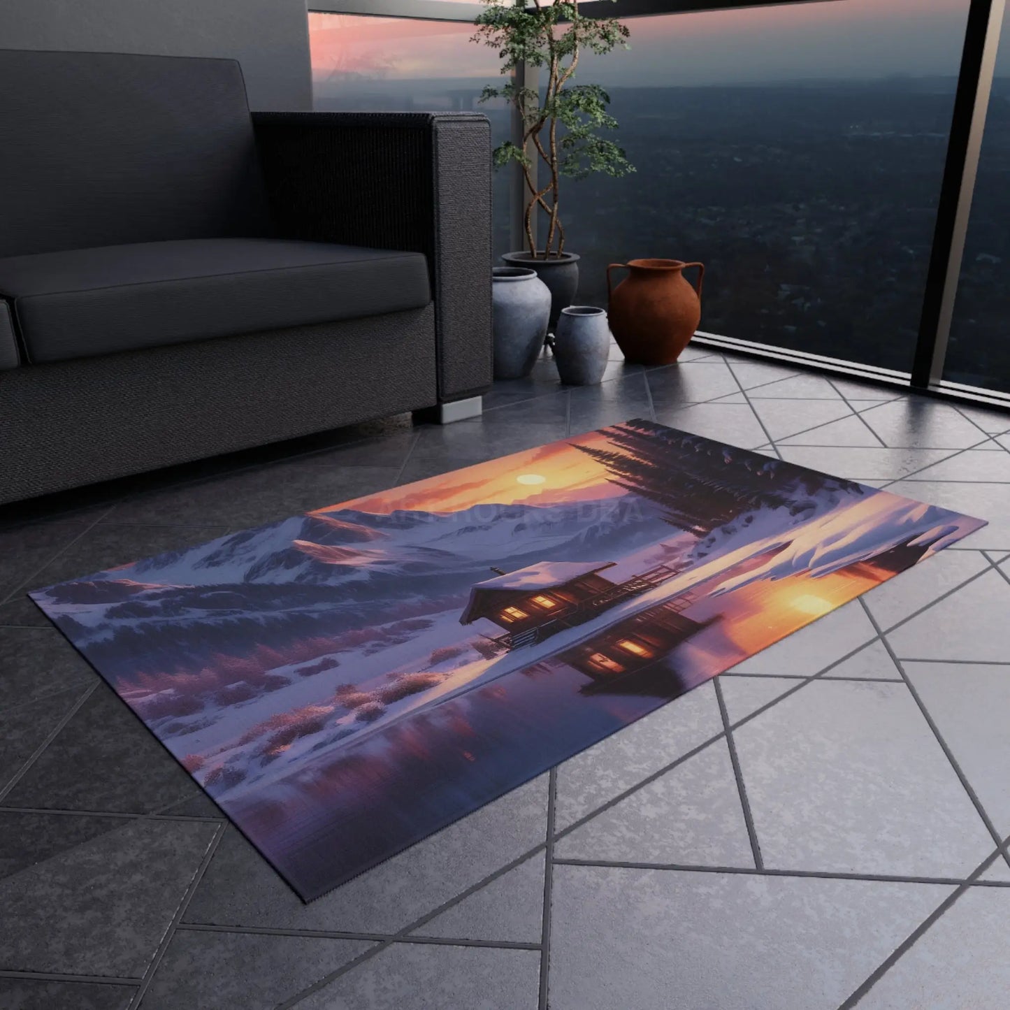 Mountain Cabin Sunset Outdoor Rug Cozy Patio Mat Nature Lover Gift Garden Decorative Floor Mat Cabin Decor Camping