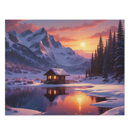 Mountain Cabin Winter Sunset Puzzle — Scenic 120/252/500-Piece Jigsaw - 20’’ × 16’’ (500 pcs) - Puzzle