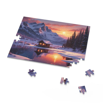 Mountain Cabin Winter Sunset Puzzle — Scenic 120/252/500-Piece Jigsaw - Puzzle