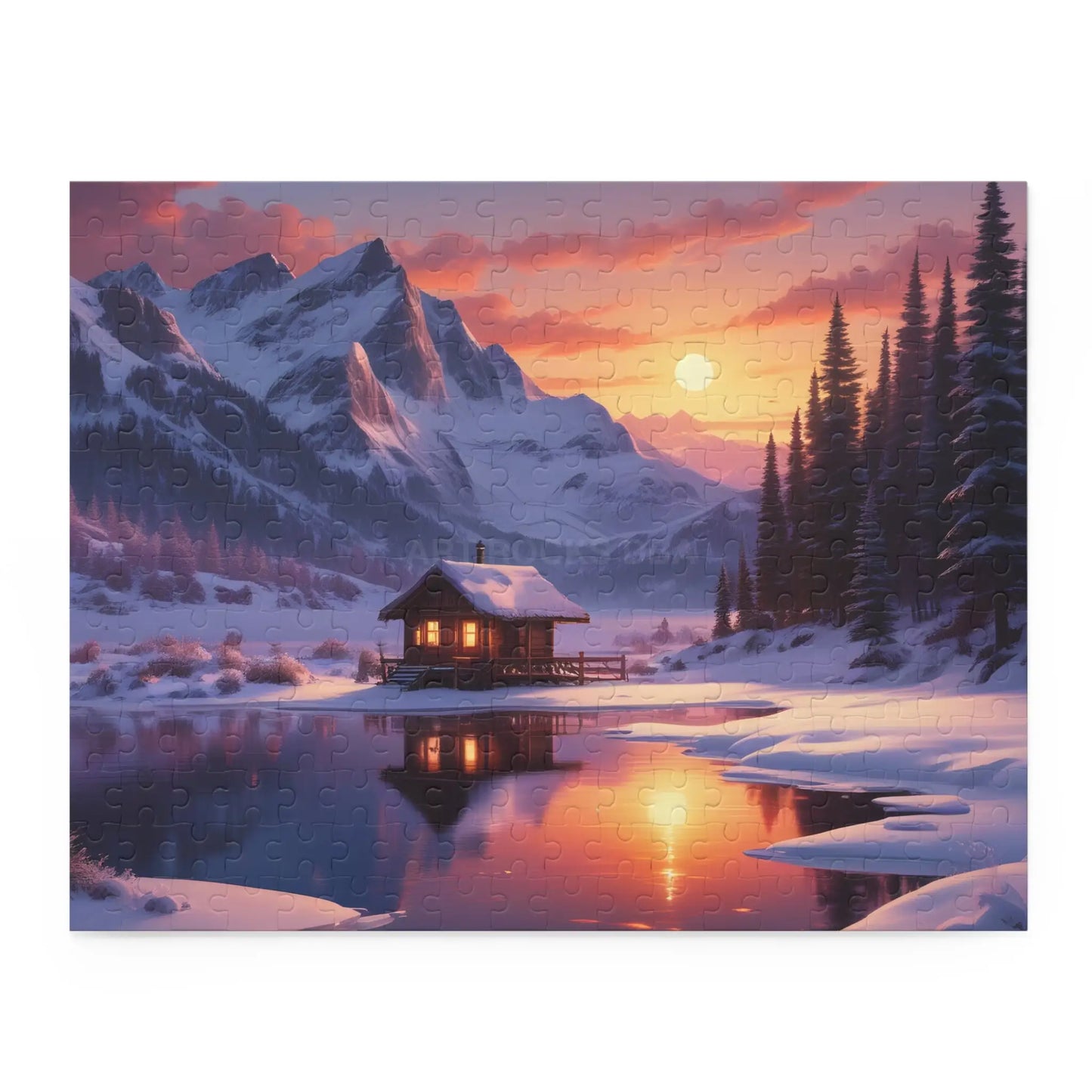 Mountain Cabin Winter Sunset Puzzle — Scenic 120/252/500-Piece Jigsaw - 14’’ × 11’’ (252 pcs) - Puzzle