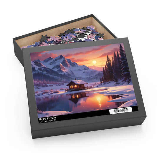 Mountain Cabin Winter Sunset Puzzle — Scenic 120/252/500-Piece Jigsaw - 10’’ × 8’’ (120 pcs) - Puzzle