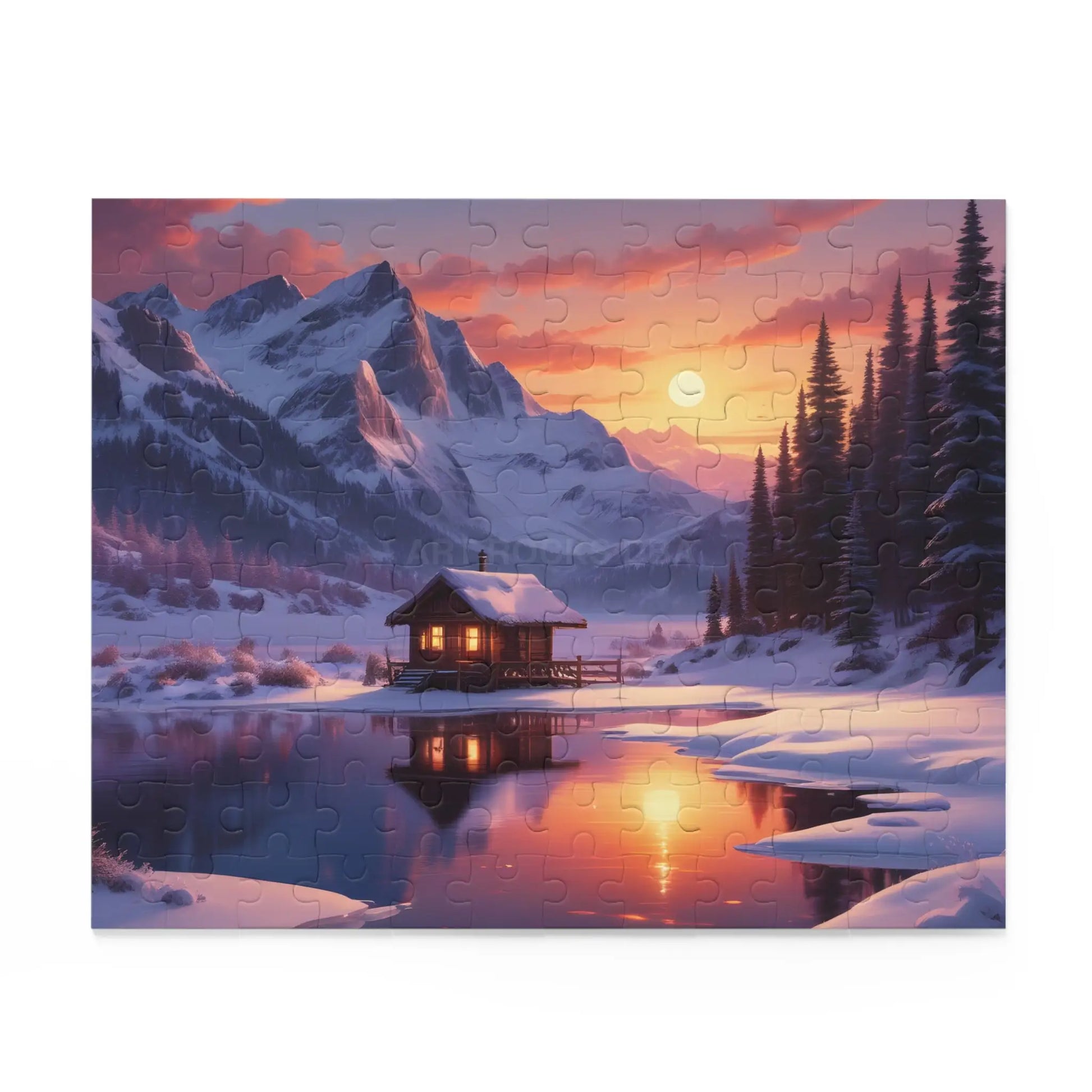 Mountain Cabin Winter Sunset Puzzle — Scenic 120/252/500-Piece Jigsaw - Puzzle