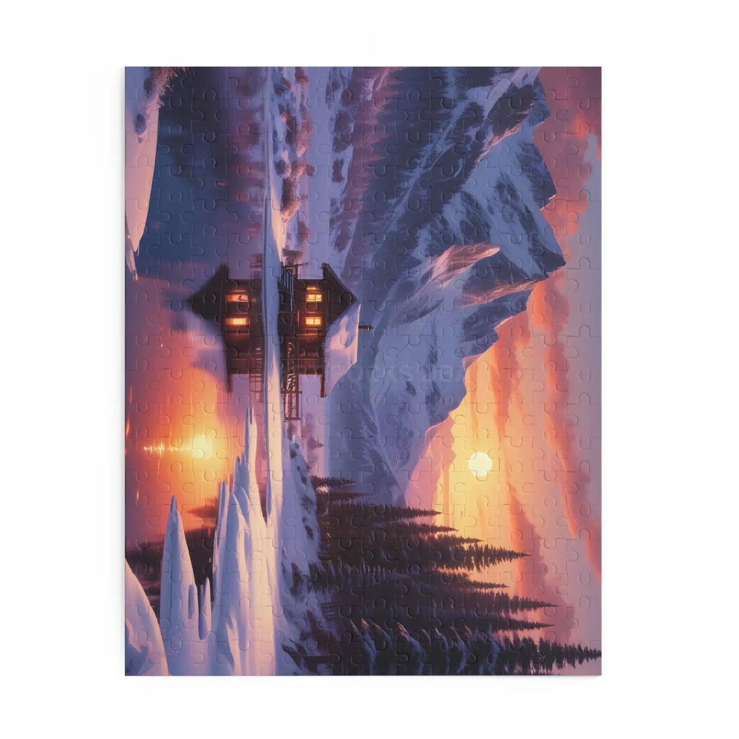 Mountain Cabin Winter Sunset Puzzle — Scenic 120/252/500-Piece Jigsaw - Puzzle
