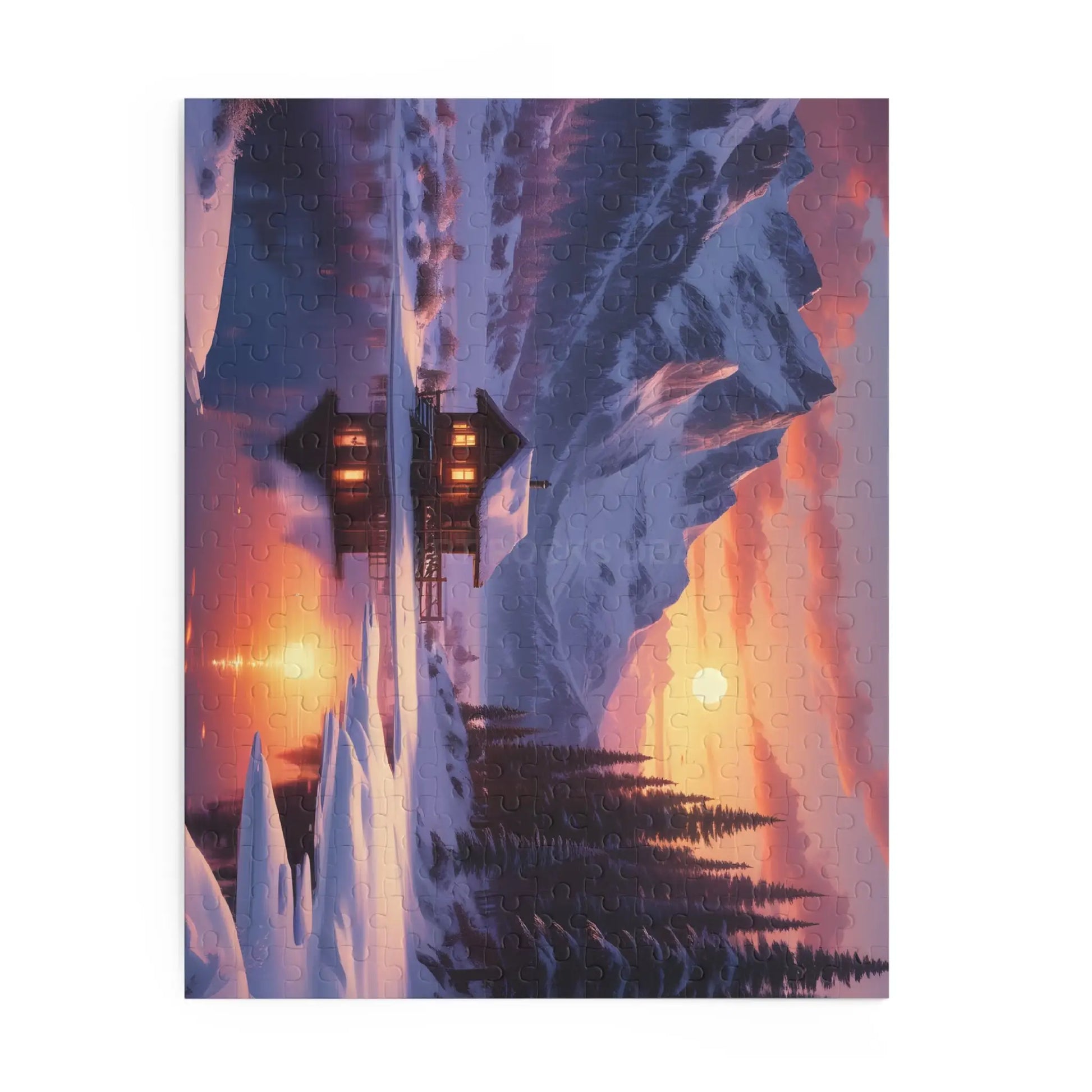 Mountain Cabin Winter Sunset Puzzle — Scenic 120/252/500-Piece Jigsaw - Puzzle