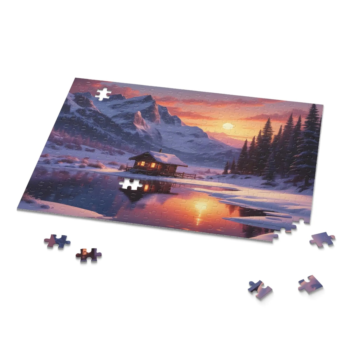 Mountain Cabin Winter Sunset Puzzle — Scenic 120/252/500-Piece Jigsaw - Puzzle