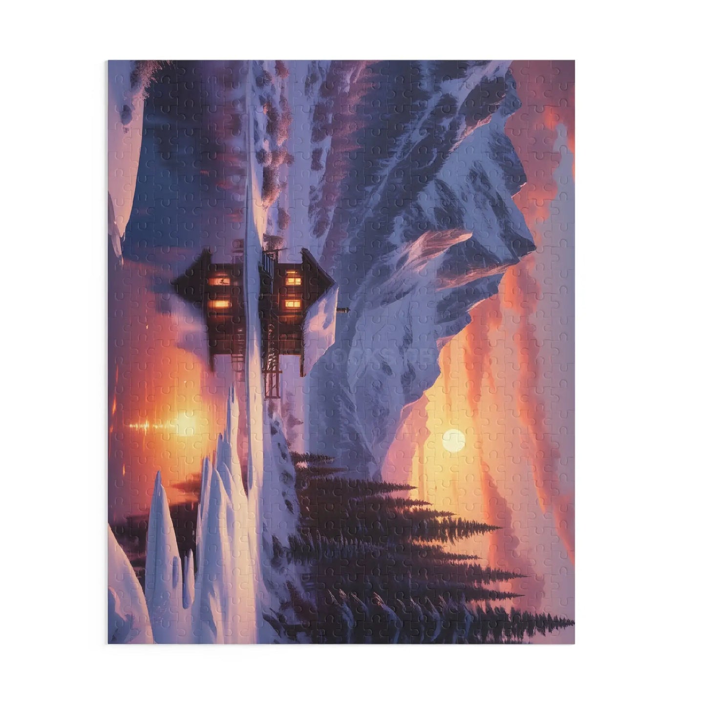 Mountain Cabin Winter Sunset Puzzle — Scenic 120/252/500-Piece Jigsaw - Puzzle