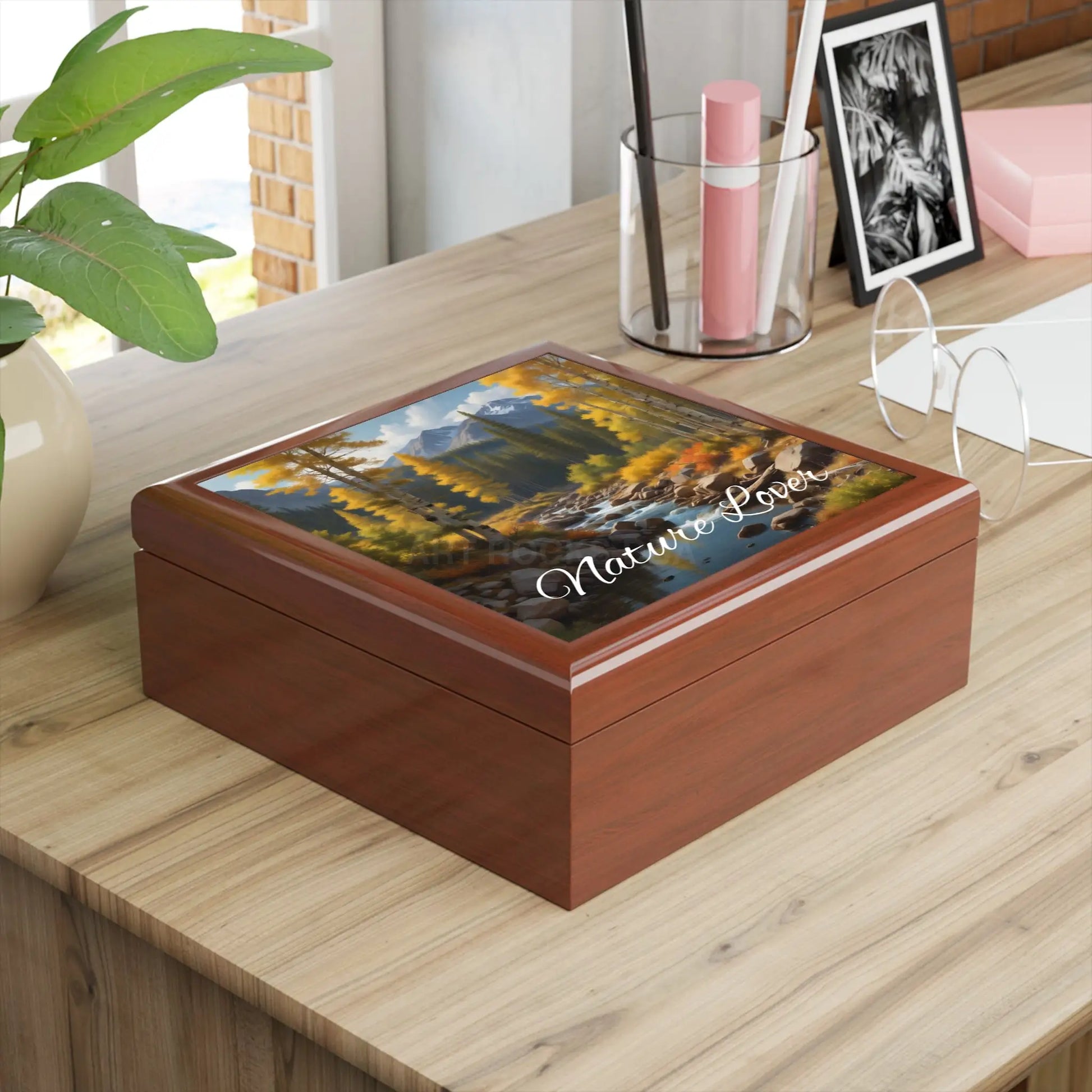 Mountain Creek Autumn Jewelry Box — Scenic River Landscape Keepsake - Home Decor