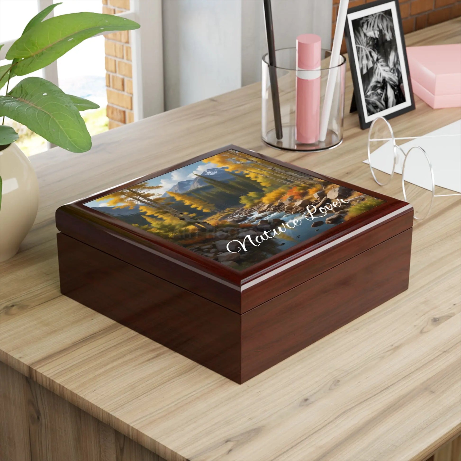 Mountain Creek Autumn Jewelry Box — Scenic River Landscape Keepsake - Home Decor
