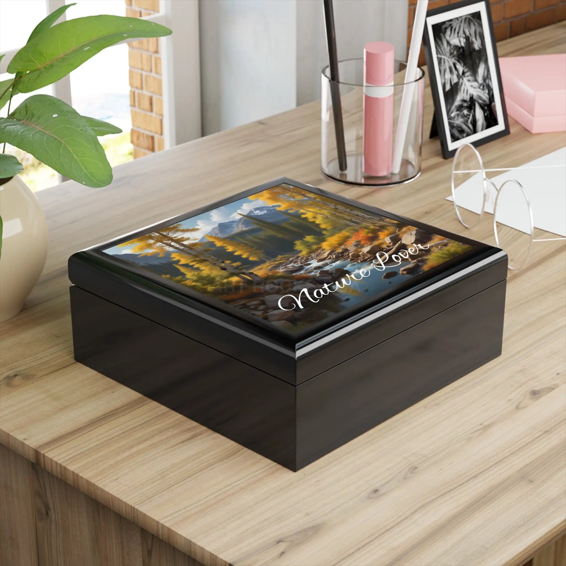 Mountain Creek Autumn Jewelry Box — Scenic River Landscape Keepsake - Home Decor