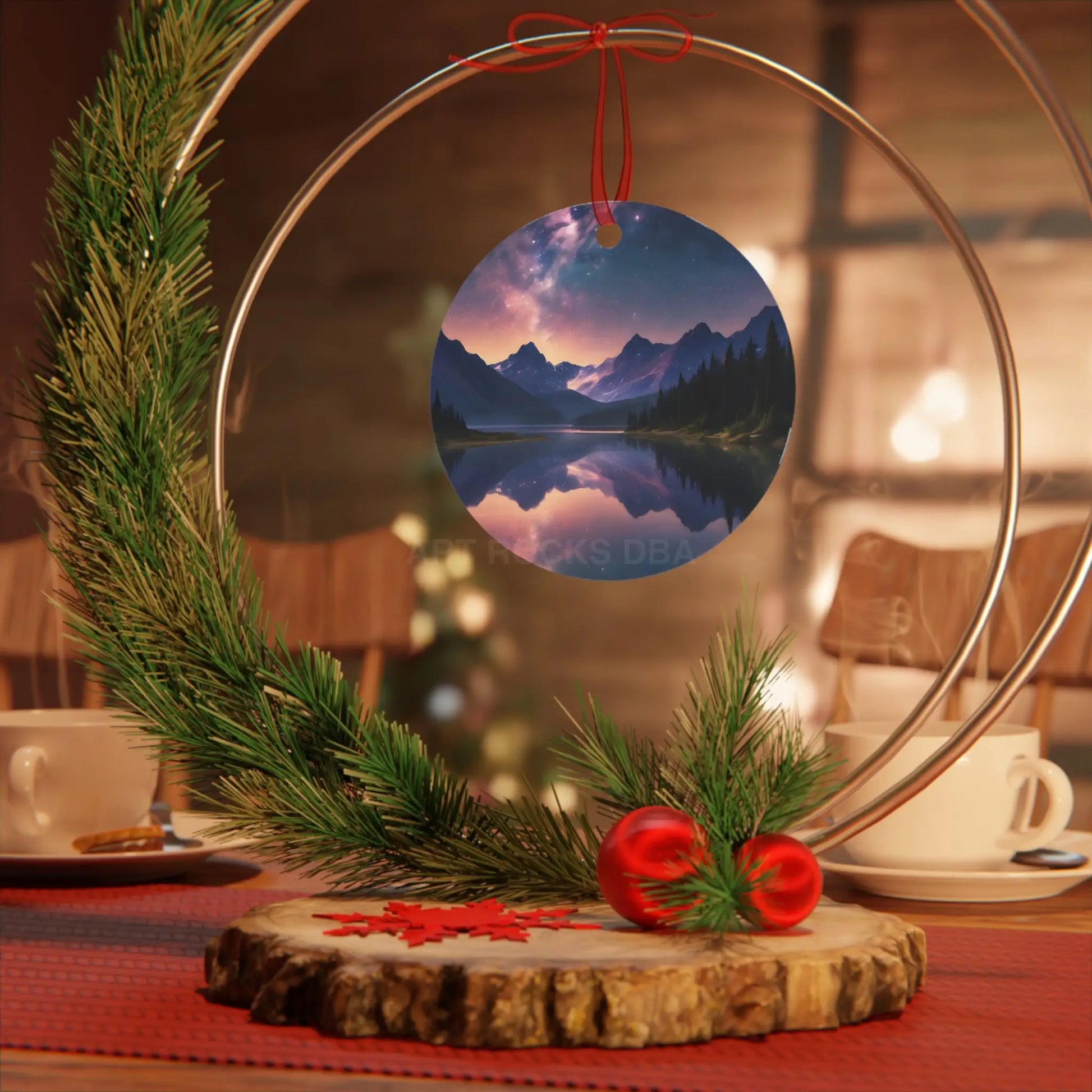 Mountain Lake Metal Ornament — Scenic Holiday Decoration - Home Decor