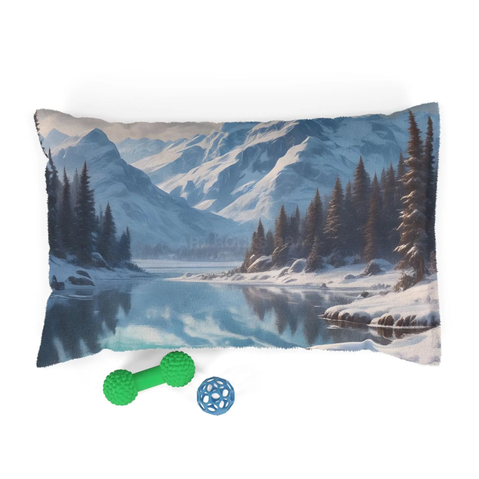 Mountain Lake Winter Pet Bed – Cozy Scenic Dog & Cat Cushion - 28’’ × 18’’ - Pets