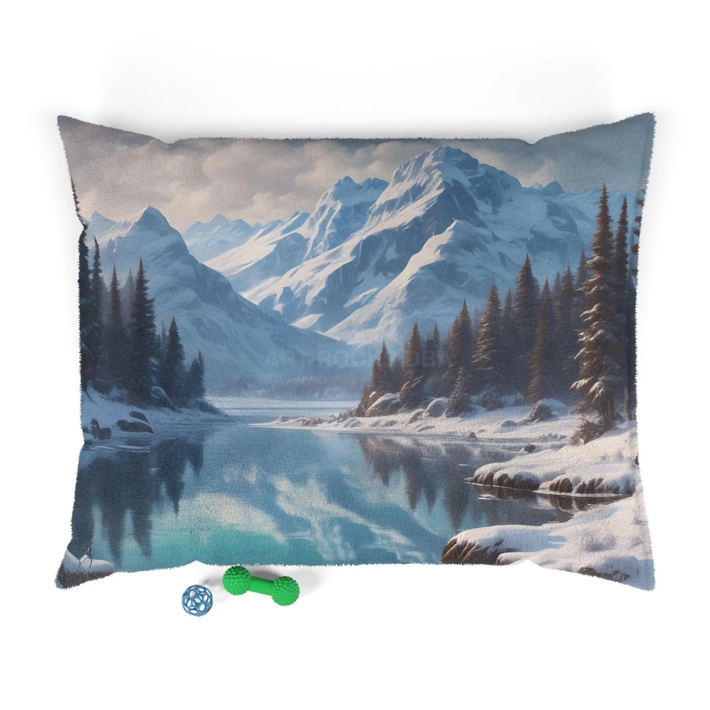 Mountain Lake Winter Pet Bed – Cozy Scenic Dog & Cat Cushion - 50’’ × 40’’ - Pets