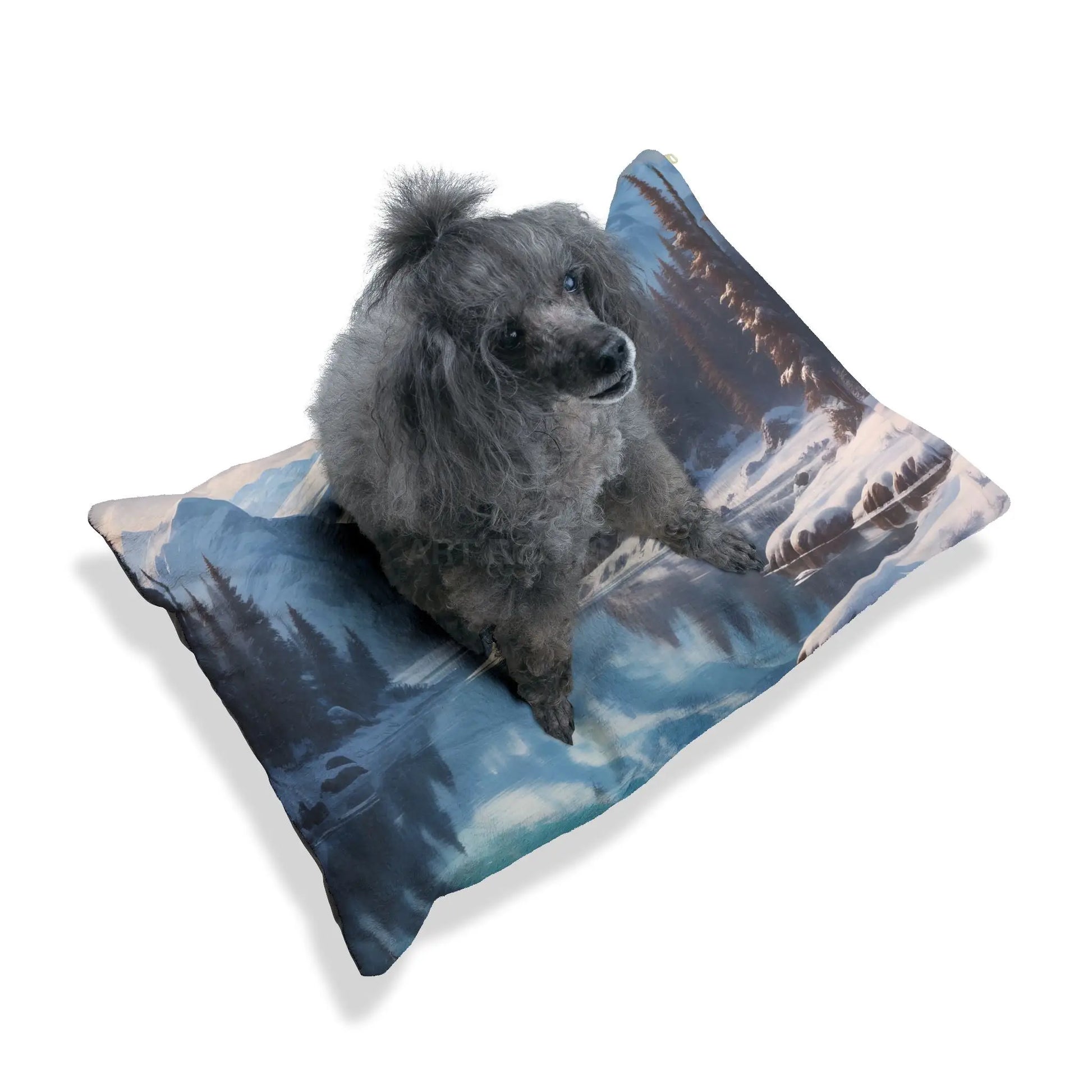 Mountain Lake Winter Pet Bed – Cozy Scenic Dog & Cat Cushion - Pets