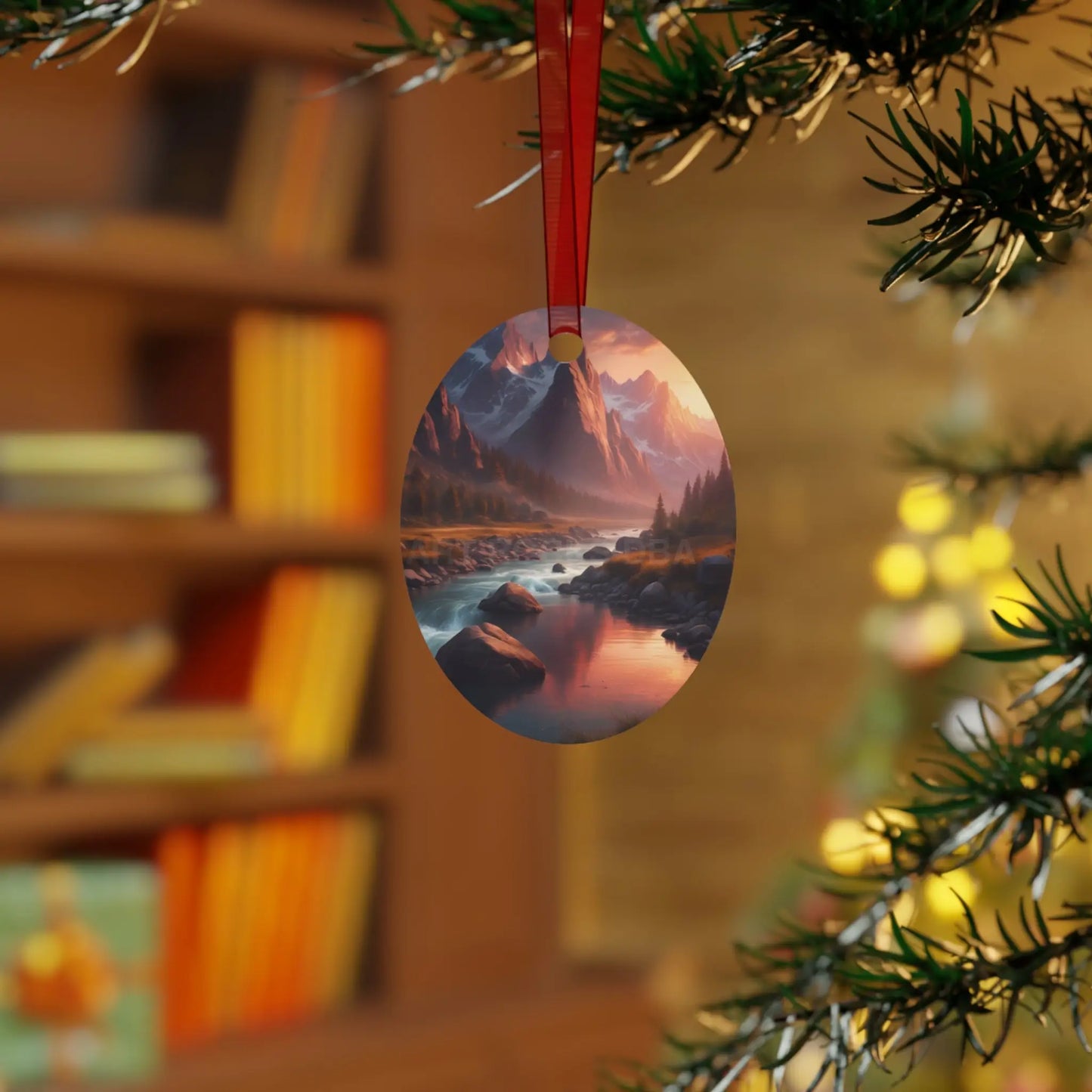 Mountain River Metal Ornament — Scenic Nature Landscape Holiday Decoration - Oval / One Size - Home Decor