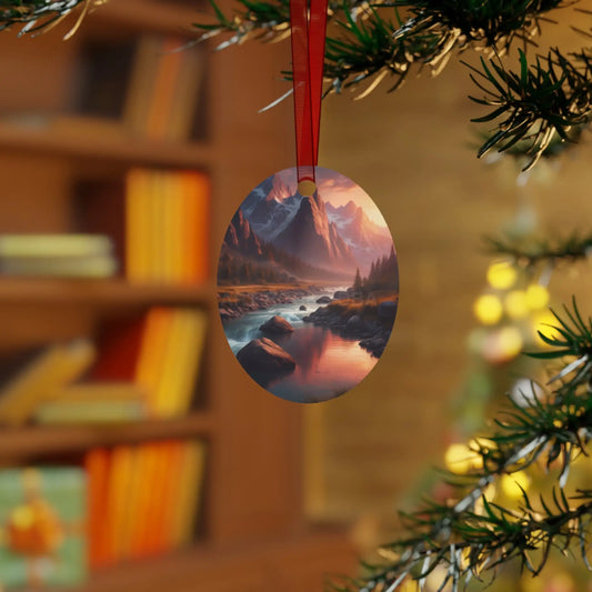 Mountain River Metal Ornament — Scenic Nature Landscape Holiday Decoration - Oval / One Size - Home Decor