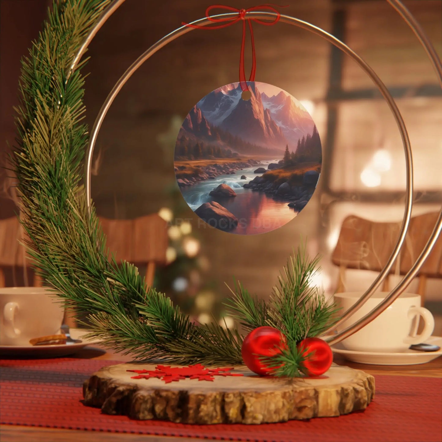 Mountain River Metal Ornament — Scenic Nature Landscape Holiday Decoration - Home Decor