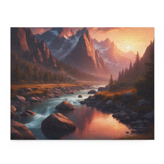 Mountain River Sunset Puzzle — Scenic Landscape Jigsaw (120/252/500 pcs) - 14’’ × 11’’ (252 pcs) - Puzzle