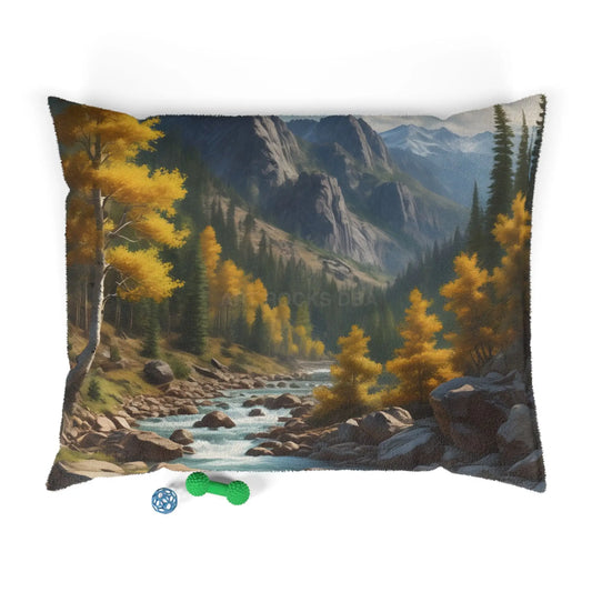 Mountain Stream Pet Bed — Scenic Autumn Landscape Dog & Cat Cushion - 50’’ × 40’’ - Pets