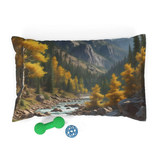 Mountain Stream Pet Bed — Scenic Autumn Landscape Dog & Cat Cushion - 28’’ × 18’’ - Pets