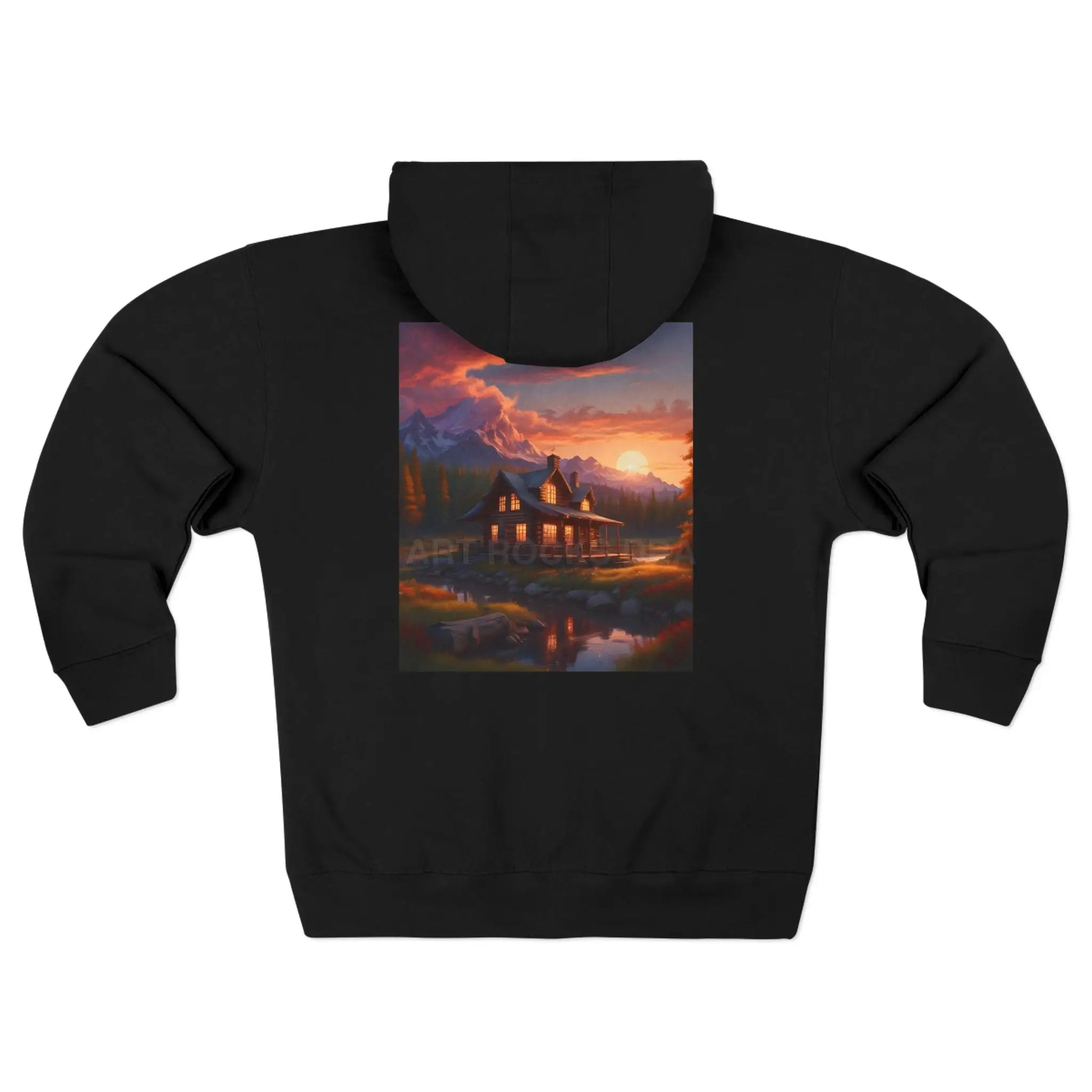 Mountain Sunset Cabin on the River Zip-Up Sweatshirt - XS / Black - Hoodie