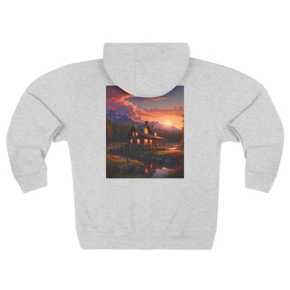 Mountain Sunset Cabin on the River Zip-Up Sweatshirt - XS / Heather Grey - Hoodie