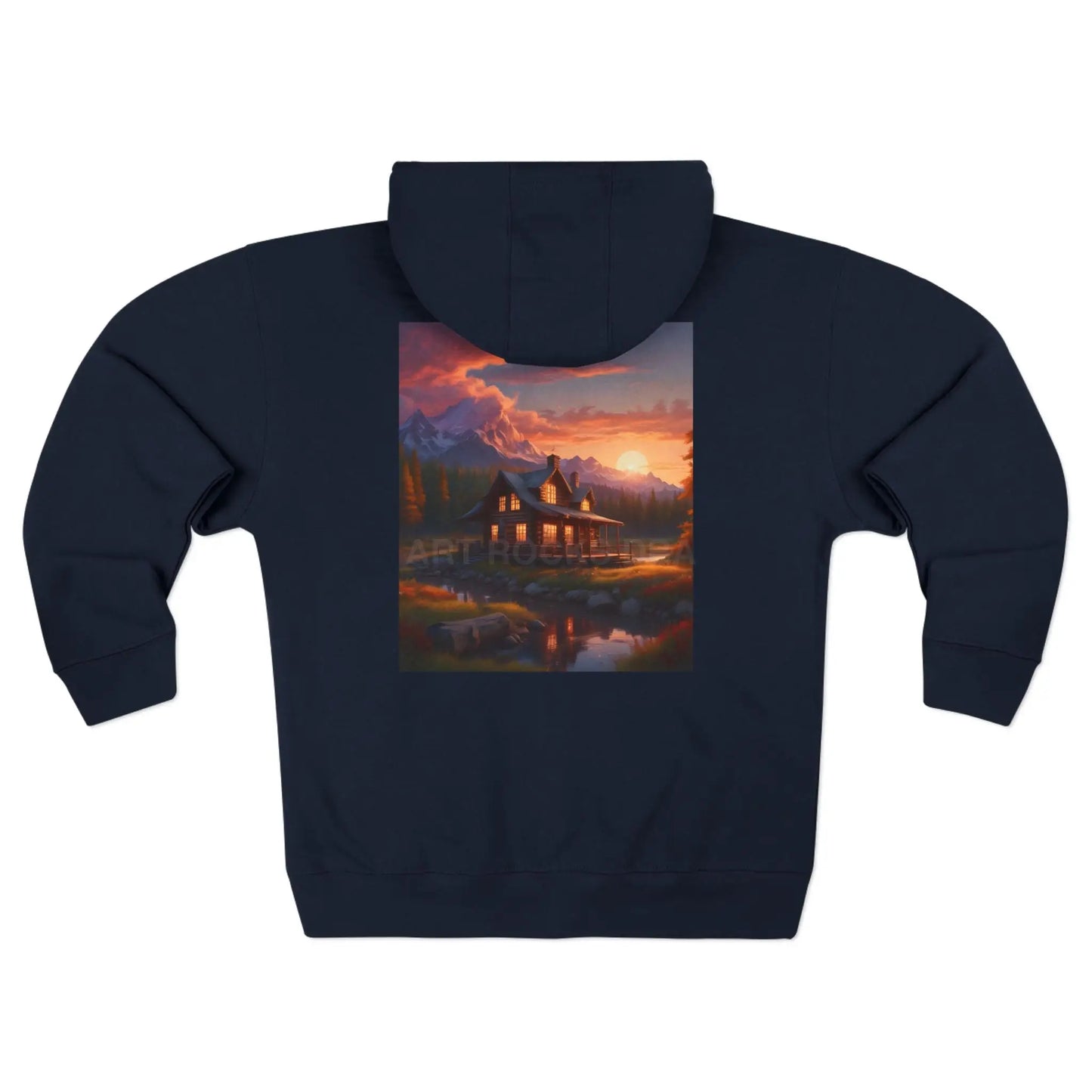 Mountain Sunset Cabin on the River Zip-Up Sweatshirt - XS / Navy - Hoodie