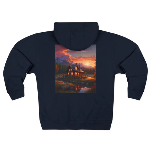 Mountain Sunset Cabin on the River Zip-Up Sweatshirt - XS / Navy - Hoodie