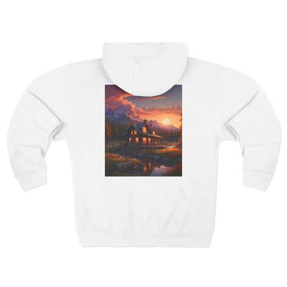 Mountain Sunset Cabin on the River Zip-Up Sweatshirt - XS / White - Hoodie